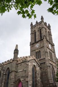 Historic stone church clock tower