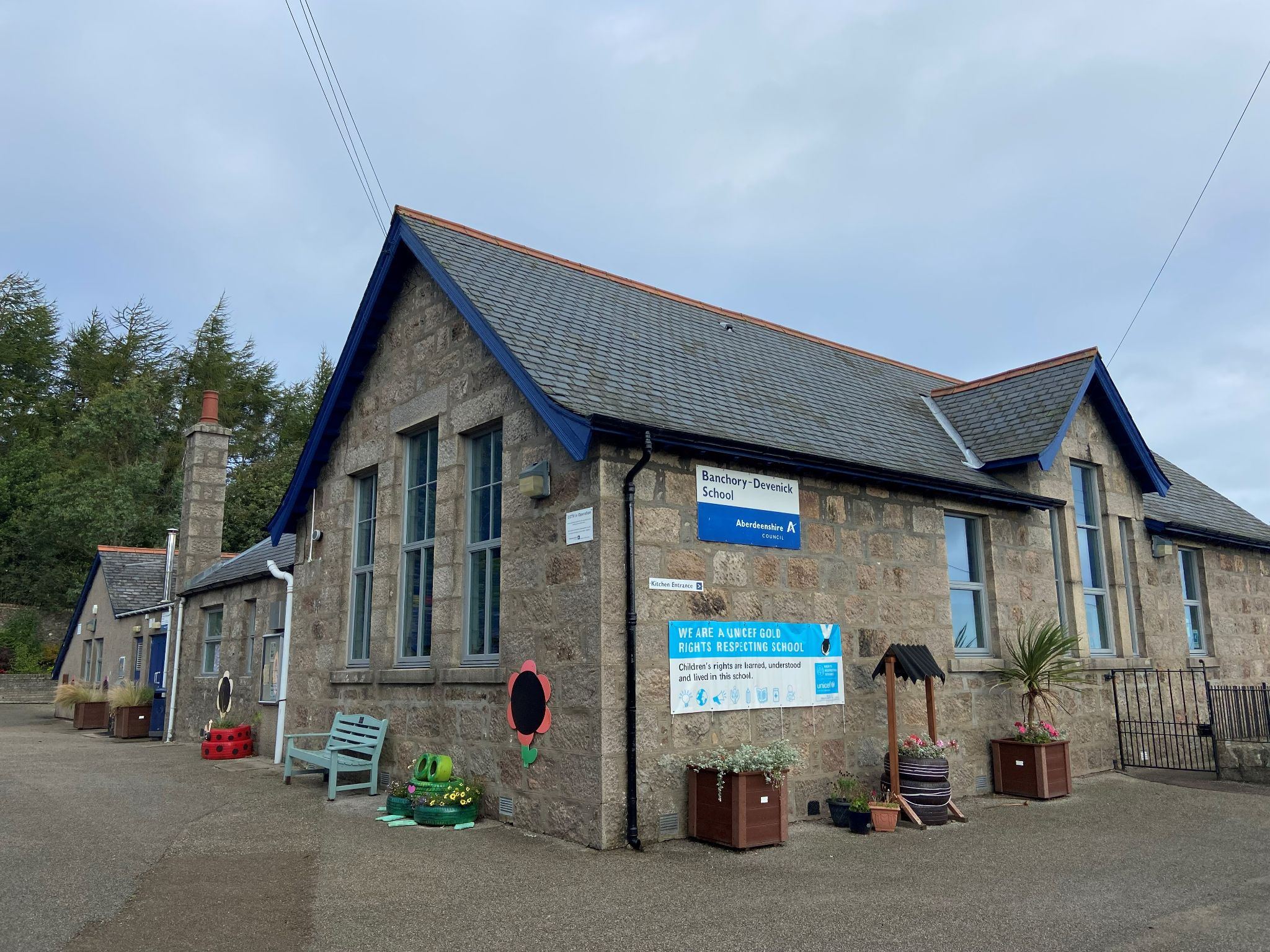 The stone building and entrance of Banchory-Devenick School