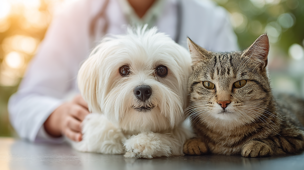 獣医師に寄り添われる白い犬と茶色の猫。