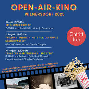 Open-air-kino, 19. Juli um 21.15 Uhr, 2. August um 21 Uhr, 16. August um 20.30 Uhr
