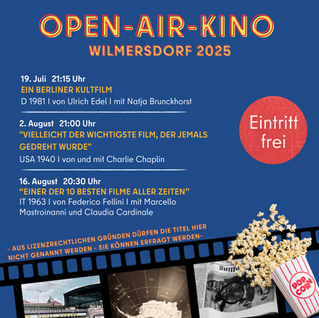 Open-air-kino, 19. Juli um 21.15 Uhr, 2. August um 21 Uhr, 16. August um 20.30 Uhr