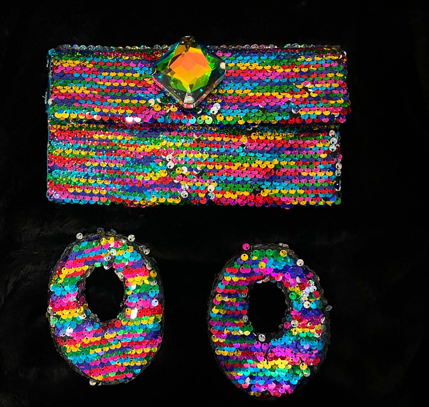 Rainbow Color Sequence Iridescent Diamond Clutch & Matching Earrings