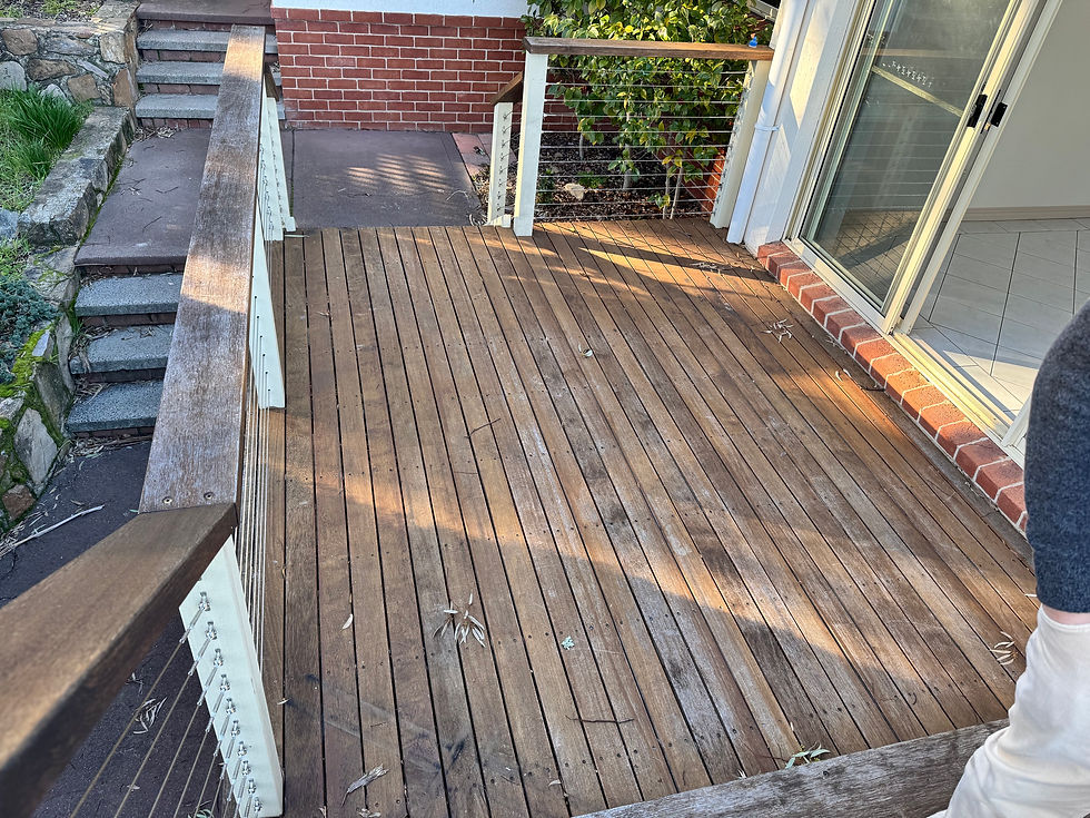 Before external deck re-stain. Canberra timber restoration.