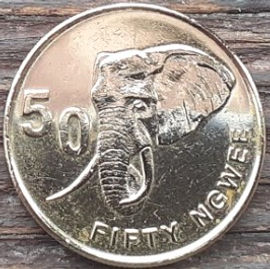 50 Нгве, 2012 года, Замбия, Монета, Монеты, 50 Fifty Ngwee 2012, Zambia, Fauna, Elephant, Фауна, Слон на монете, Coat of arms of Zambia, Герб Замбии на монете.