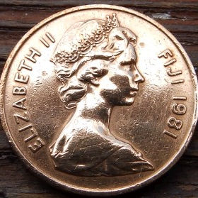2 Цента, 1981 года, Фиджи, Монета, Монеты, 2 Cents 1981, Fiji, Palm fan, Пальмовое опахало на монете, Королева Elizabeth II, Елизавета II на монете, Второй портрет королевы.