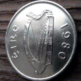 5 Пенсов, 1978 года, Ирландия, Монета, Монеты, Ireland, 5 P, Pence 1986, Eire, Тварина, Animal, Животное, Бик, Bull, Бык на монете, Harp, Арфа на монете.