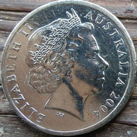 10 Центов, 2004 года, ​Австралия, Монета, Монеты, 10 Cents 2004, Australia, Lyrebird, Лирохвост на монете, Королева Elizabeth II, Елизавета II на монете, Четвертый портрет королевы.