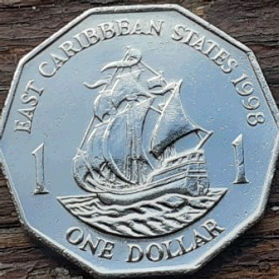 1 Доллар, 1997 года, Восточно-Карибские штаты, Монета, Монеты, 1  One Dollar 1997, East Caribbean States, Корабель,  Вітрильник, Ship, Sailboat, Корабль, Парусник на монете, Королева Elizabeth II, Елизавета II на монете, Второй портрет королевы.