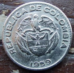 10 Сентаво, 1959 года, Колумбия, Монета, Монеты, 10 Diez Centavos 1964, Republica de Colombia, Індіанець, Indian,  Индеец на монете, Coat of arms of Colombia, Герб Колумбии на монете.