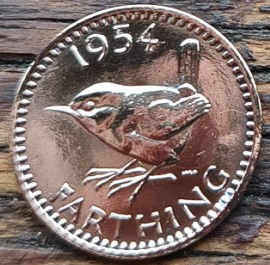 Фартинг, 1954 года, Великобритания, Монета, Монеты, Farthing 1954, Фауна, Fauna, Птица, Bird, Птах, Горобець, Sparrow, Воробей на монете, Королева Elizabeth II, Елизавета II на монете, Первый портрет королевы.