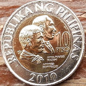 10 Песо, 2002 года, Филиппины, Монета, Монеты, 10 Piso 2004, Republika ng Pilipinas, Andrés Bonifacio, Apolinario Mabini, Андрес Бонифасио, Аполинарио Мабини на монете, Emblem, Э