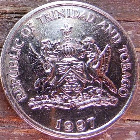 25 Центов, 1997 года, Тринидад и Тобаго, Монета, Монеты, 25 Cents 1997, Republic of Trinidad and Tobago, Flora, Flower, Warszewiczia coccinea, Флора, Цветок, Чакония на монете, Coat of arms of Trinidad and Tobago, Герб Тринидада и Тобаго на монете.