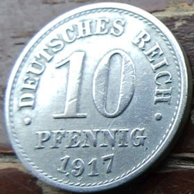 10 Пфеннигов, 1917 года, Германия, Німеччина, Монета, Монеты, 10 Pfennig 1917, Deutsches Reich, Coat of arms, Герб, Корона, Crown, Fauna, Фауна, Пташка, Bird, Птица, Eagle, Орел на монете.
