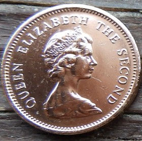 1/2 Пенни, 1971 года, Джерси, Монета, Монеты, 1/2 Half New Penny 1971, Jersey, Coat of Arms, Герб, Fauna, Фауна, Lions, Львы на монете, Королева Elizabeth II, Елизавета II на монете, Второй портрет королевы.