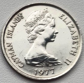 25 Центов, 1977 года, Каймановы Острова, Монета, Монеты, 25 Twenty-Five Cents 1977, Cayman Islands,  Корабель,  Вітрильник, Ship, Sailboat,  Корабль, Парусник на монете, Королева Elizabeth II, Елизавета II на монете, Второй портрет королевы.