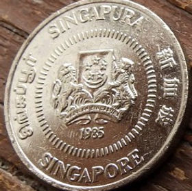 50 Центов, 1985 года, Сингапур, Монета, Монеты, 50 Fifty Cents 1985, Singapore, Квітка, Алламанда, Flower, Allamanda, Цветок, Алламанда на монете, Coat of arms of Singapore, Герб Сингапура на монете.