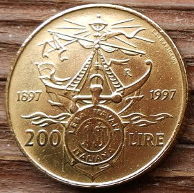 200 Лир, 1997 года, Италия, Монета, Монеты, 200 Lire 1997, Italiana, Italy, Italian Maritime League, Итальянская морская лига, Ship, Корабль, Якір, Anchor, Якорь на монете, Жінка, Woman, Женщина на монете.