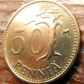 50 Пенни, 1968 года, Финляндия, Монета, Монеты, 50 Pennia 1968, Suomen Tasavalta, Suomi, Finland, Tree, Дерево на монете, Coat of Arms, Герб, Fauna, Фауна, Lion with sword, Лев с мечом на монете.