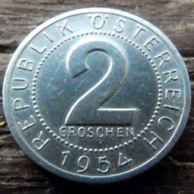 2 Гроша, 1954 года, Австрия, Монета, Монети, Osterreich, 2 groschen 1954, Austria, Австрія, Герб, Орел.