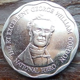 10 Долларов, 2008 года, Ямайка, Монета, Монеты, 10 Ten Dollars 2008, Jamaica, Coat of arms of Jamaica, Герб Ямайки на монете, George William Gordon, Джордж Вильям Гордон на монете.