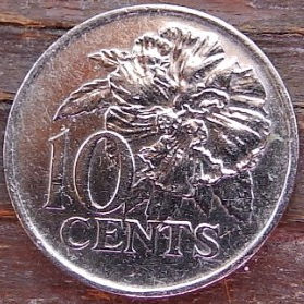 10 Центов, 1975 года, Тринидад и Тобаго, Монета, Монеты, 10 Cents 1975, Trinidad and Tobago, Flora, Flower, Hibiscus, Флора, Цветок, Цветущий Гибискус на монете, Coat of arms of Trinidad and Tobago, Герб Тринидада и Тобаго на монете.