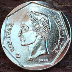 50 Боливаров, 2002 года, Венесуэла, Монета, Монеты, 50 Bolivares 2002, Republica Bolivariana de Venezuela, Coat of arms of Venezuela, Герб Венесуэлы на монете, Simon Bolivar, Симон Боливар на монете.