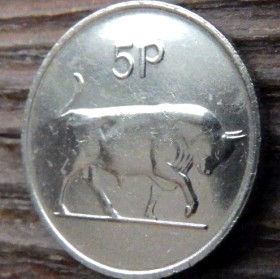 5 Пенсов, 1978 года, Ирландия, Монета, Монеты, Ireland, 5 P, Pence 1986, Eire, Тварина, Animal, Животное, Бик, Bull, Бык на монете, Harp, Арфа на монете.