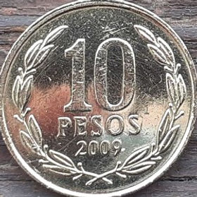 10 Песо, 2009 года, Чили, Монета, Монеты, 10 Pesos 2009, Republica de Chile, Flora, Флора, Рослинний орнамент, Растительный орнамент, Floral ornament на монете, Bernardo O'Higgins Riquelme, Бернардо О’Хиггинс Рикельме на монете.