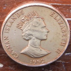 1 Цент, 1992 года, Каймановы Острова, Монета, Монеты, 1 One Cent 1992, Cayman Islands, Фауна, Птах, Fauna, Bird, Фауна, Птица на монете, Королева Elizabeth II, Елизавета II на монете, Третий портрет королевы.