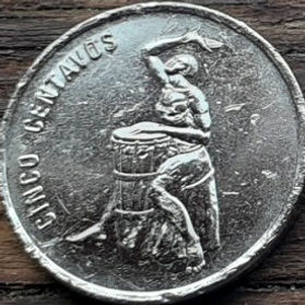 5 Сентаво, 1989 года, Доминиканская Республика, Монета, Монеты, 5 Cinco Centavos 1989, Republica Dominicana, Барабанщик давнього племені, Drummer of an ancient tribe, Барабанщик древнего племени на монете, Coat of arms of the Dominican Republic, Герб Доминиканской Республики на монете.