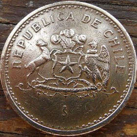 100 Песо, 1998 года, Чили, Монета, Монеты, 100 Pesos 1998, Republica de Chile, Flora, Флора, Рослинний орнамент, Растительный орнамент, Floral ornament на монете, Coat of arms of Chile, Герб Чили на монете.