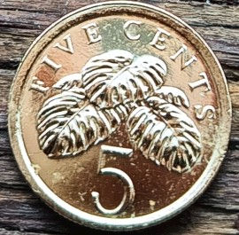5 Центов, 1989 года, Сингапур, Монета, Монеты, 5 Five Cents 1989, Singapore, Флора, Листя Монстери приємної, Flora, Monstera delicios leaves, Флора, Листья Монстеры деликатесной на монете, Coat of arms of Singapore, Герб Сингапура на монете.