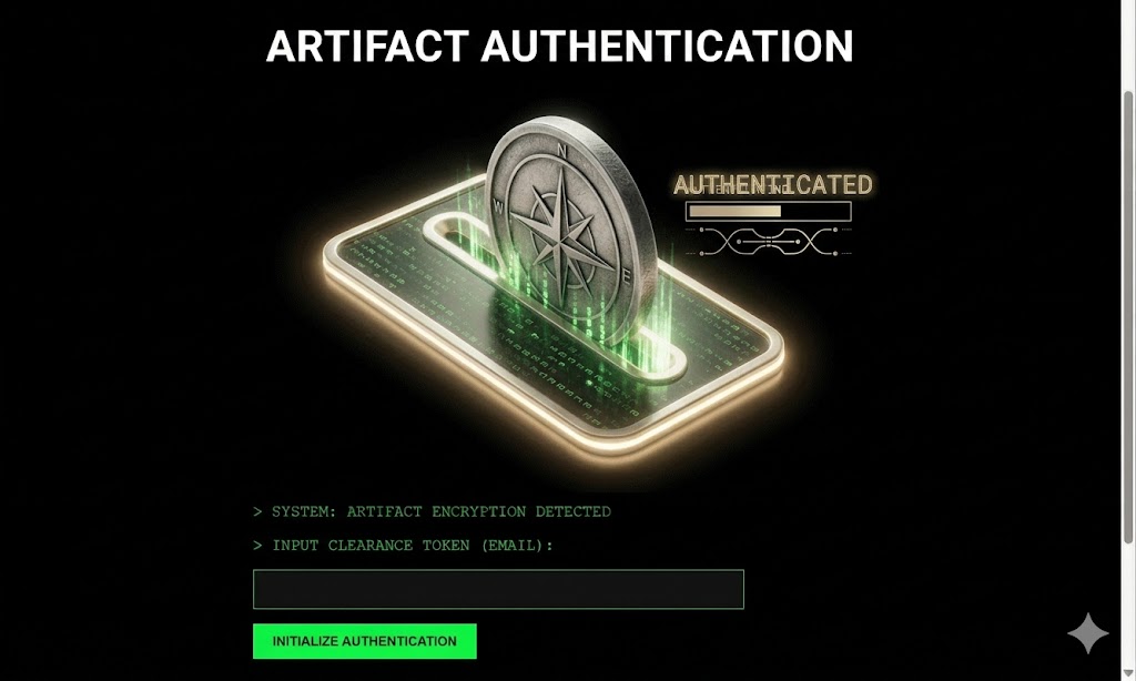 A futuristic digital display showing a silver compass coin hovering over a holographic circuit board with the text "Artifact Authentication" and a progress bar.