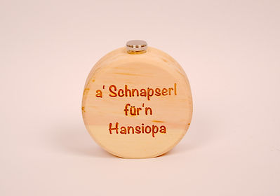 Edelstahl Flachmann im Zirbenmantel mit Wanderschuh und Spruch