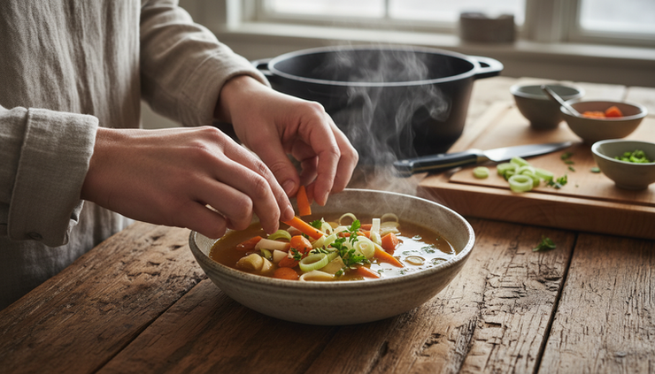 Close-up view of hands preparing a bowl of root vegetable soup in a rustic kitchen