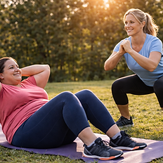 Fitnessgruppe im Park. Eine Frau macht Sit-ups und eine andere Kniebeuge