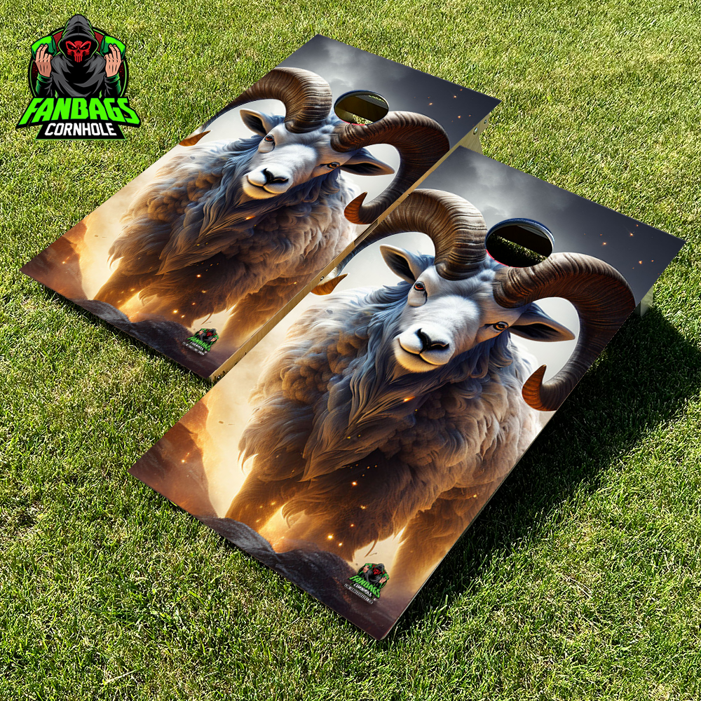 A pair of regulation-size cornhole boards made from smooth Baltic birch wood, each showcasing a bold LA Rams-themed ram