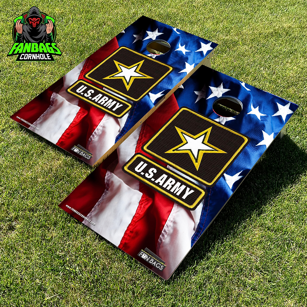 a set of cornhole boards sitting in grass with an army design