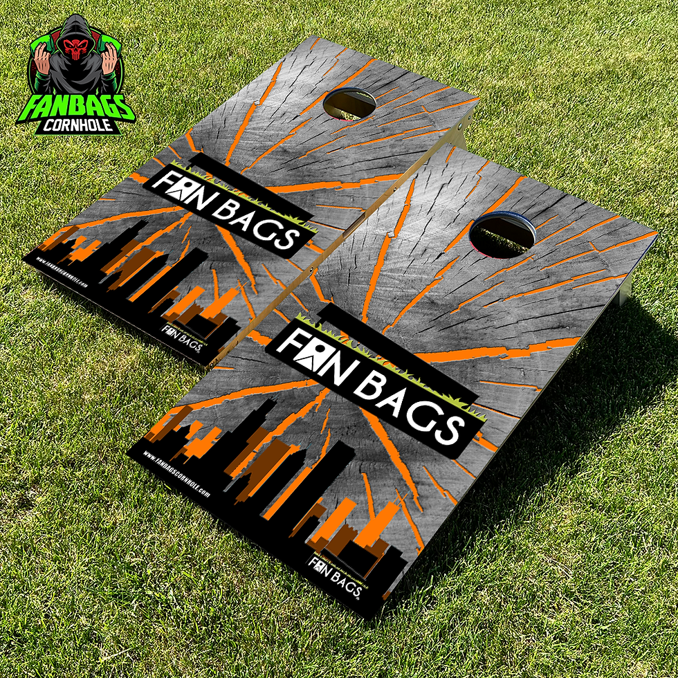 a set of cornhole boards sitting in grass with the old Fanbags logo