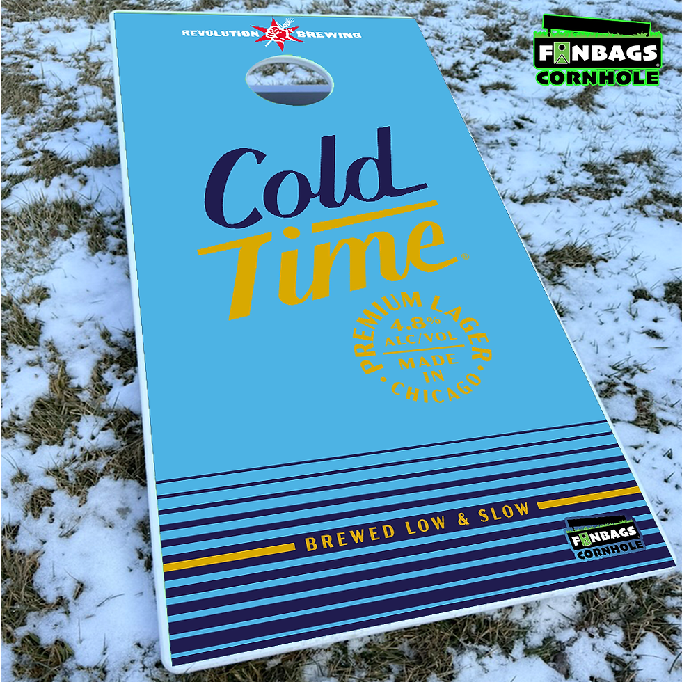 Thumbnail: an all weather PVC cornhole board featuring the Revolution Brewing logo printed on the playing surface