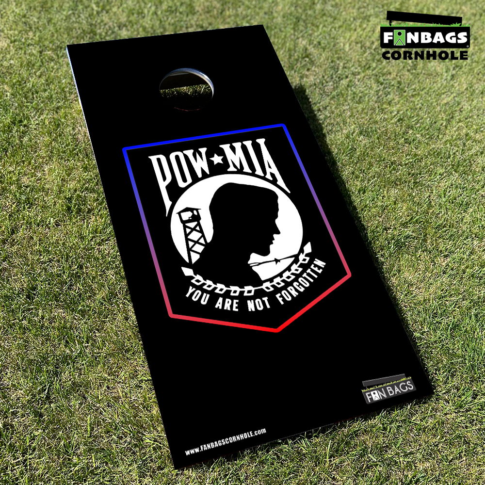 Set of two POW/MIA-themed cornhole boards featuring the iconic black-and-white emblem with 'You Are Not Forgotten' text, set