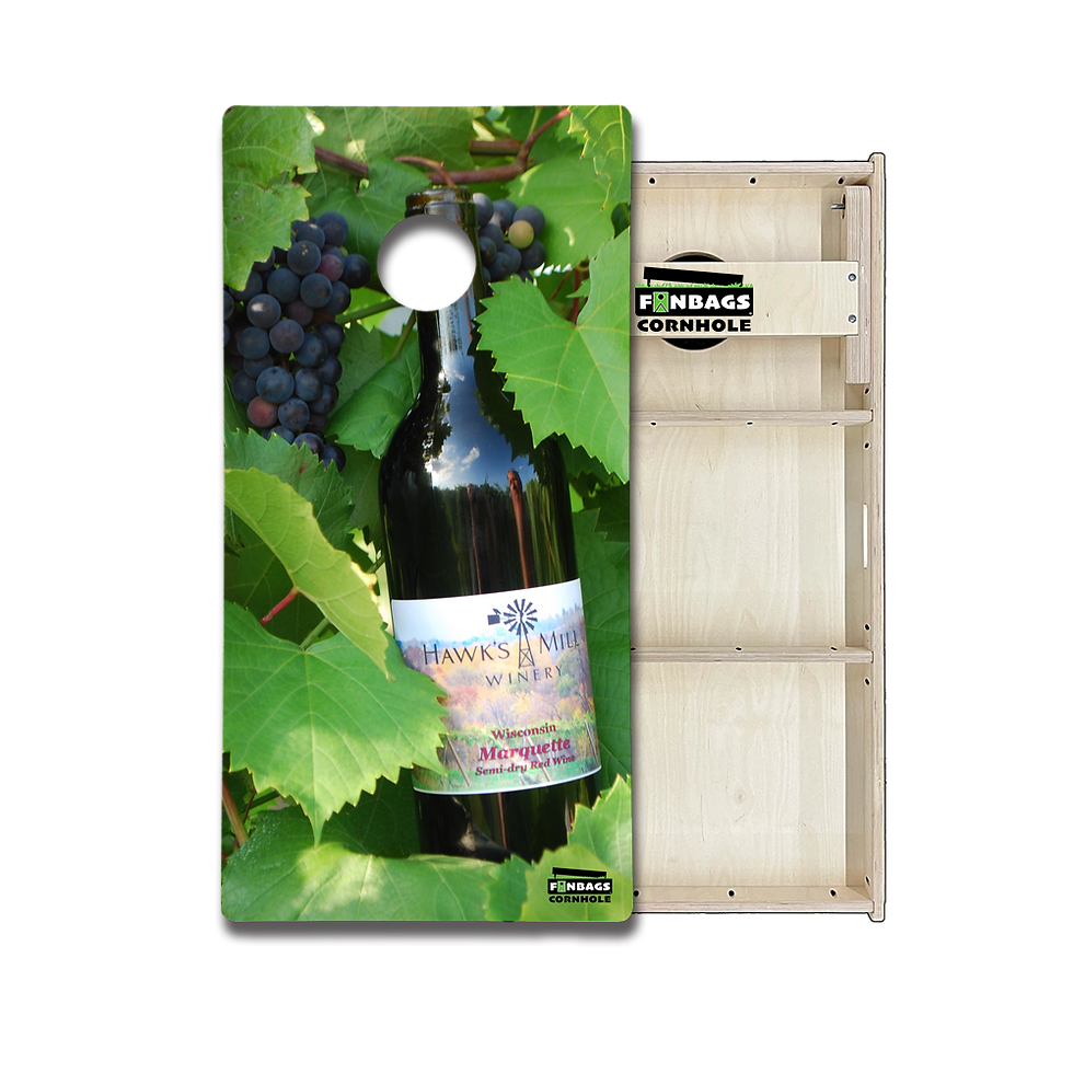 Hawks Mill Winery Tournament Edition cornhole boards featuring Hawks Mill Winery logo and winery-inspired artwork on regulati