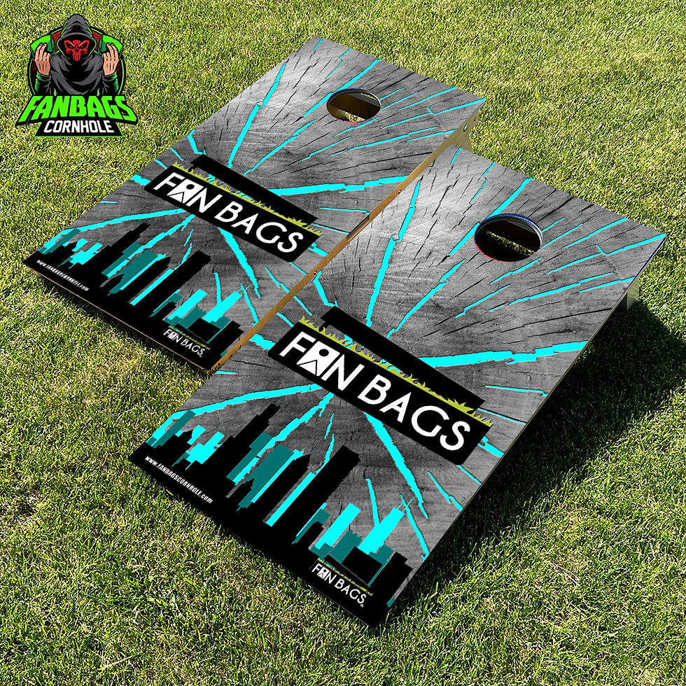 a set of cornhole boards sitting in grass with a light blue Fanbags logo