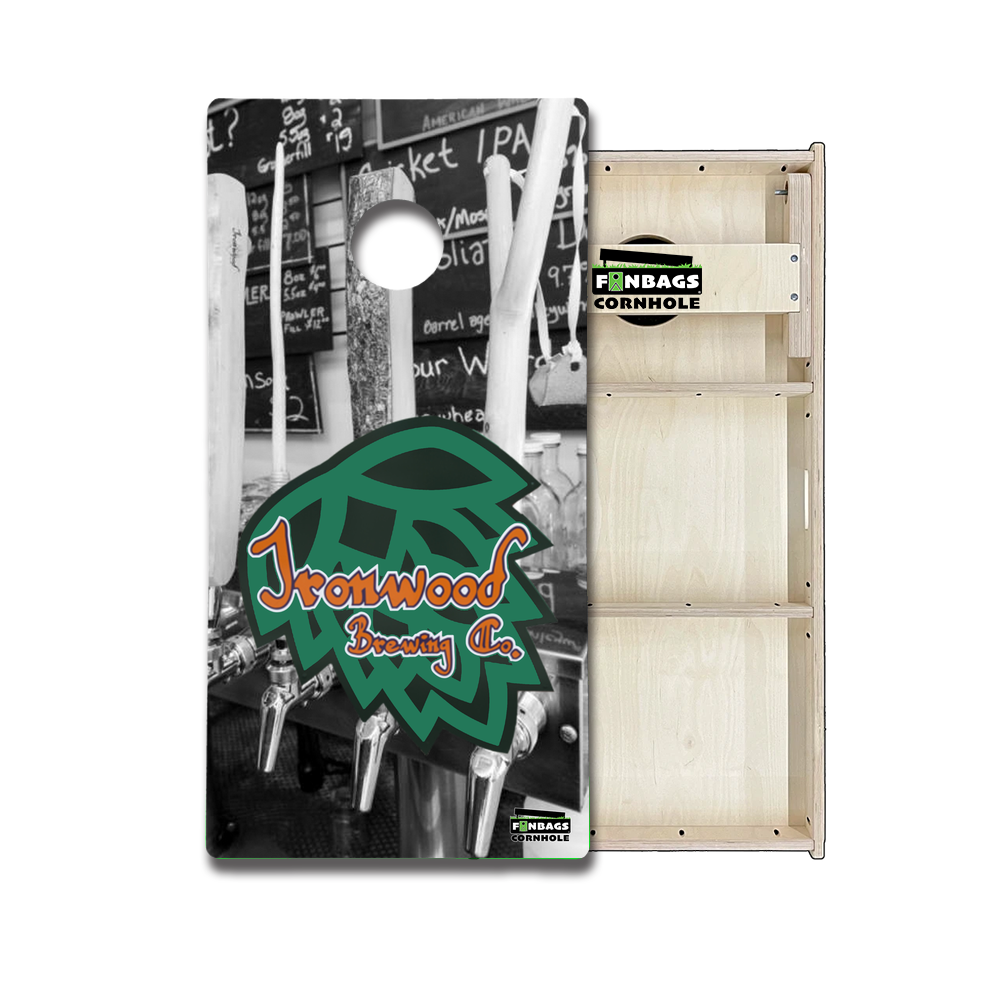 Ironwood Brewery cornhole boards Tournament Edition set of two regulation 2x4 Baltic Birch boards with HD UV-printed Ironwood
