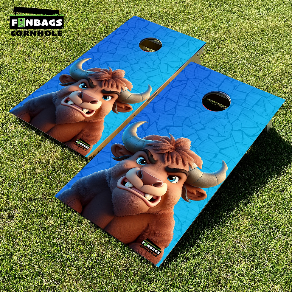 Thumbnail: Tournament edition Buffalo Bills cornhole boards featuring the Bills mascot drinking a beer with the Buffalo city skyline in