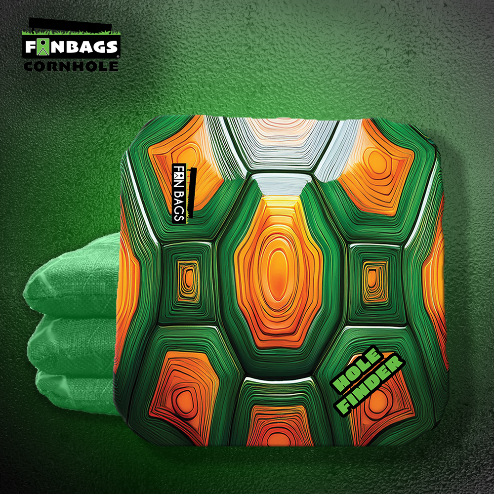 Set of four professional cornhole bags featuring Mario Kart-inspired red, green, and blue shell designs, made with dual-speed