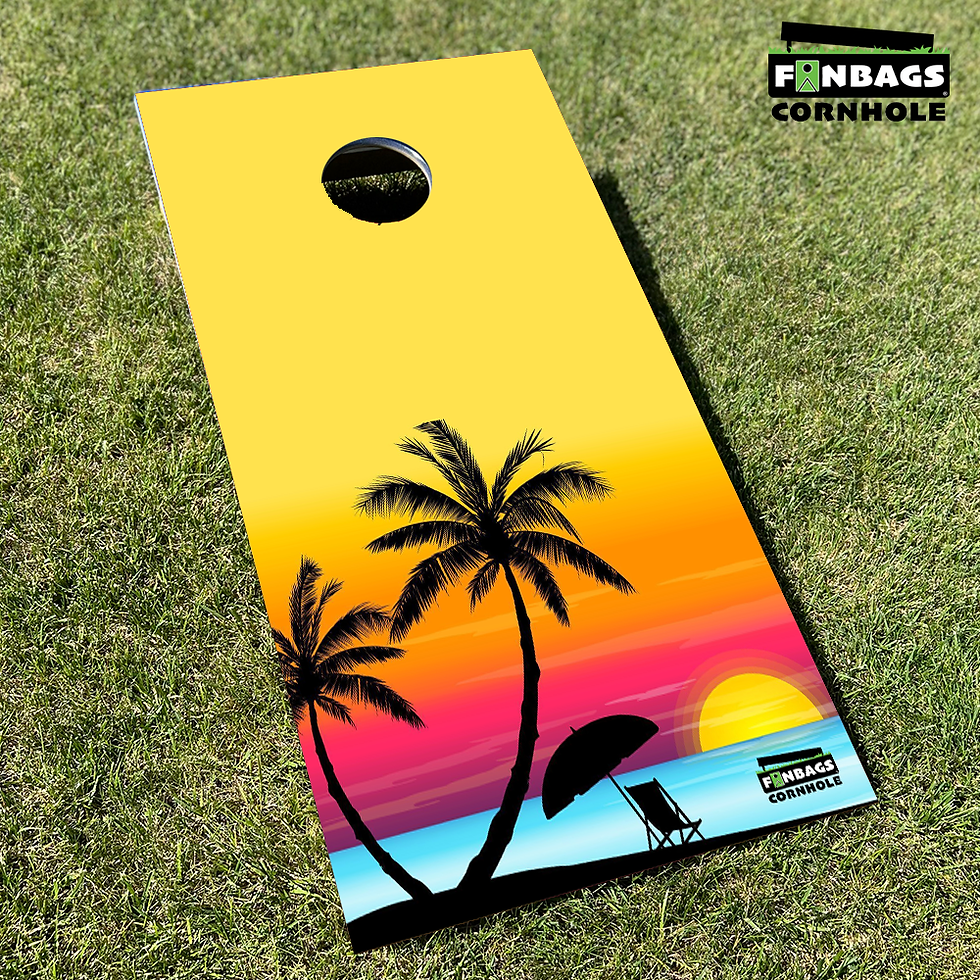 A pair of official-size cornhole boards featuring a vibrant cartoon beach design printed directly on the surface, with palm t