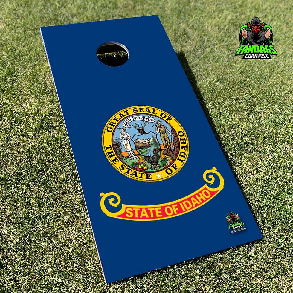 a set of cornhole boards sitting in grass with a state flag