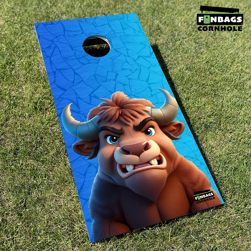 Thumbnail: Tournament edition Buffalo Bills cornhole boards featuring the Bills mascot drinking a beer with the Buffalo city skyline in