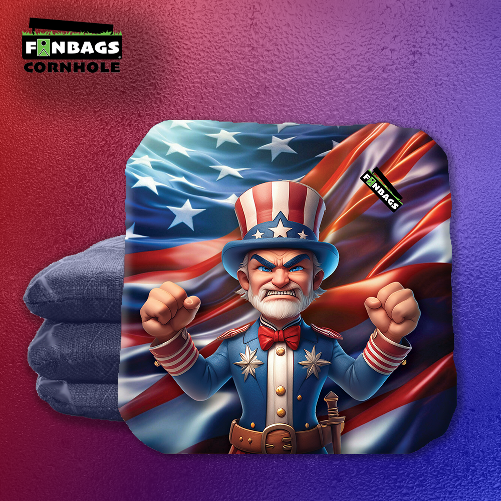 Set of four Patriots-themed cornhole bags in red, white, and blue team colors, displayed on grass, perfect for tailgates and